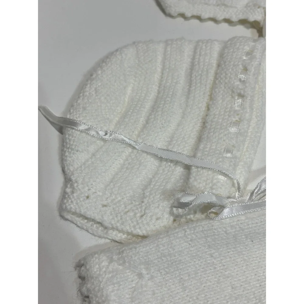 VTG Handmade Knit Baby Set NB White Vintage Style Cardigan Bonnet Booties Bib